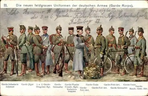Künstler Ak Die neuen feldgrauen Uniformen der deutschen Armee, Garde Korps, Garde-Jäger