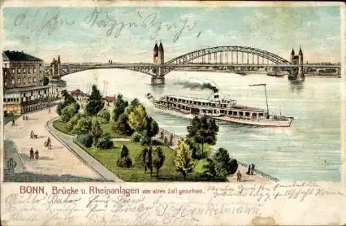 Litho Bonn am Rhein, Brücke, Rheinanlagen, Dampfer, Zoll