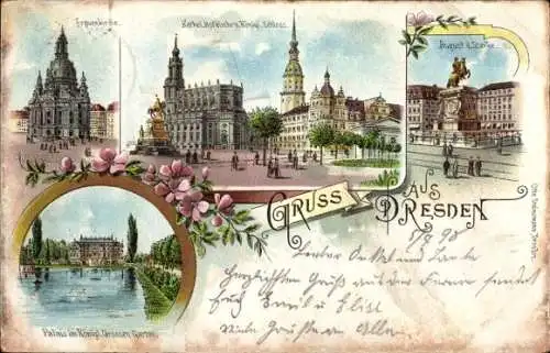 Litho Dresden Altstadt, Frauenkirche, August der Starke-Denkmal, Palais, Garten
