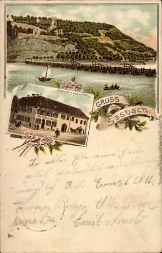 Litho Sasbach am Kaiserstuhl, Gasthaus zum Löwen, Ruine Limburg