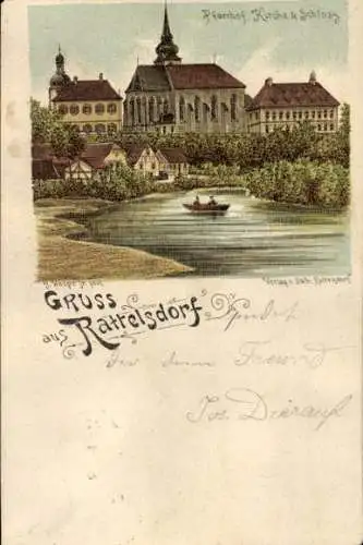 Litho Rattelsdorf Oberfranken, Pfarrhof, Kirche und Schloss