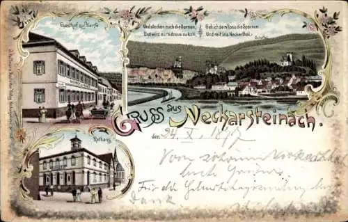 Litho Neckarsteinach Hessen, Gasthof zur Harfe, Rathaus, Gedicht Scheffel