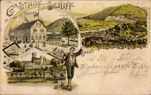 Litho Neckarsteinach in Hessen, Gasthof zum Schiff, Blick auf den Ort, Mittelburg, Dilsburg