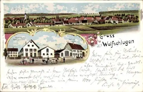 Litho Wolfschlugen in Württemberg, Panorama, Gasthof zum Löwen