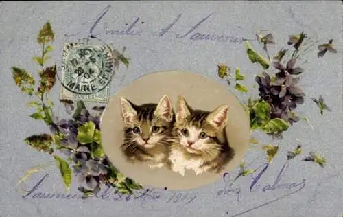 Passepartout Ak Zwei junge Katzen, Veilchen