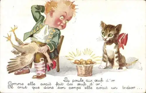 Künstler Ak Katze, Die Gans, die goldene Eier legt