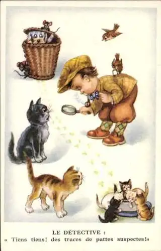 Künstler Ak Katzen, Hund, Junge als Detective