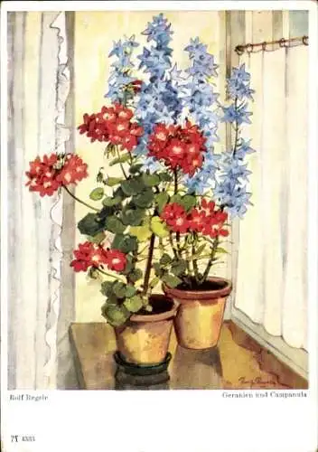 Künstler Ak Regele, R., Geranien, Campanula, Blumenstrauß