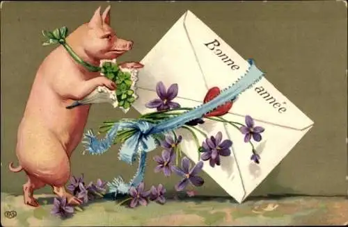 Ak Glückwunsch Neujahr, Schwein, Blumen, Briefumschlag