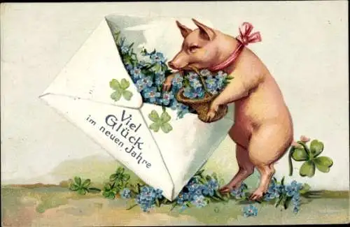 Präge Ak Glückwunsch Neujahr, Schwein, Briefumschlag, Vergissmeinnicht, Glücksklee