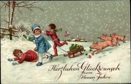 Ak Glückwunsch Neujahr, Kinder, Schweine, Schlitten, Glücksklee