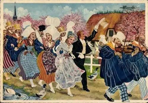 Künstler Ak Charles Homualk, Normandie, Hochzeitsgesellschaft in Trachten, Musiker