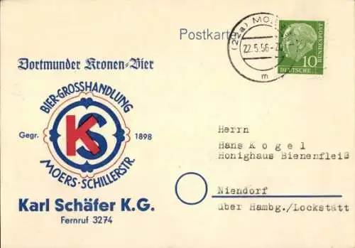 Ak Dortmunder Kronen Bier, Bier-Großhandlung Karl Schäfer K.G. Moers, Schillerstraße