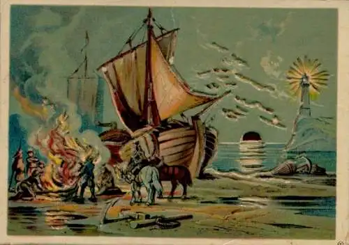 Künstler Ak Segelschiff am Strand, Besatzung, Lagerfeuer, Soldaten