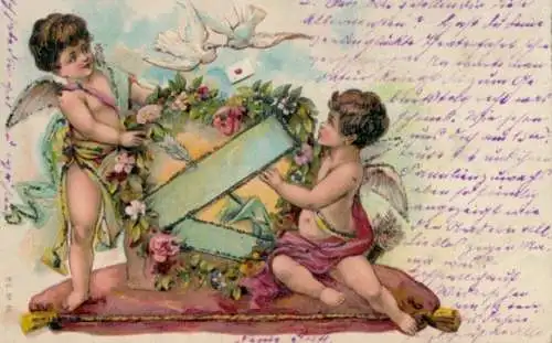 Glitzer Litho Liebesengel, Tauben, Blumen