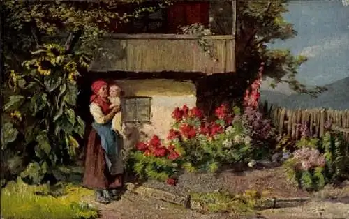 Künstler Ak Schultheiß, F., Sommertag, Frau mit Kind, Garten