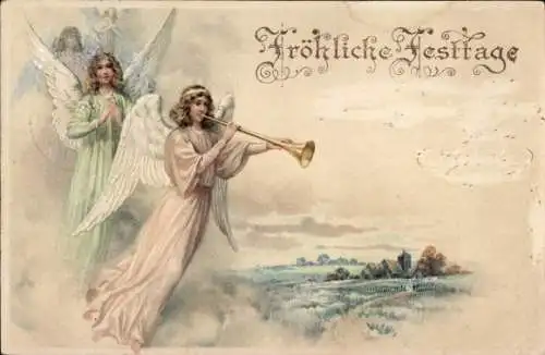 Litho Glückwunsch, Engel, Trompete