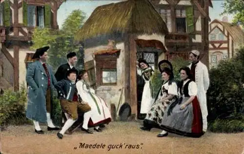 Künstler Ak Maedele guck raus, Gruppe in Tracht