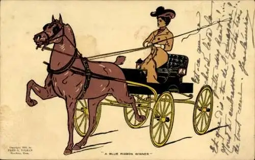 Künstler Ak A Blue Ribbon Winner, Dame in einer Kutsche