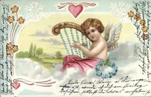 Litho Engel spielt ein Musikinstrument, Blumen, Herz