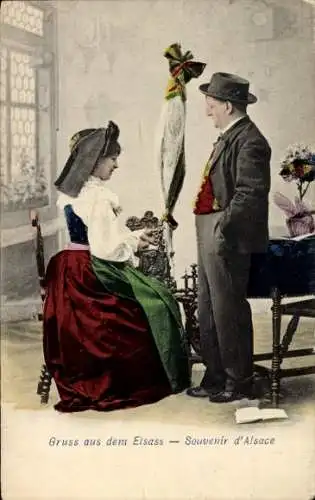 Ak Alsacienne, Elsässerin in Volkstracht am Spinnrad