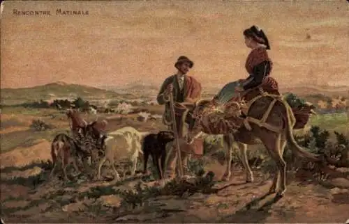 Künstler Ak Morgentreffen, Hirte, Frau einem Esel