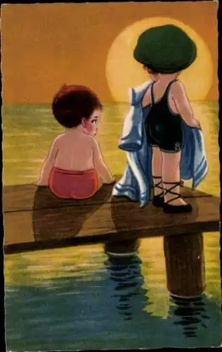 Künstler Ak Kinder in Badekleidung, Sonnenuntergang