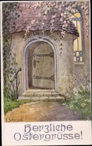 Künstler Ak Schenkel, F., Glückwunsch Ostern, Gebäude, Eingangstür