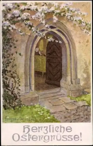 Künstler Ak Glückwunsch Ostern, Kirche, Tür, Blühender Baum