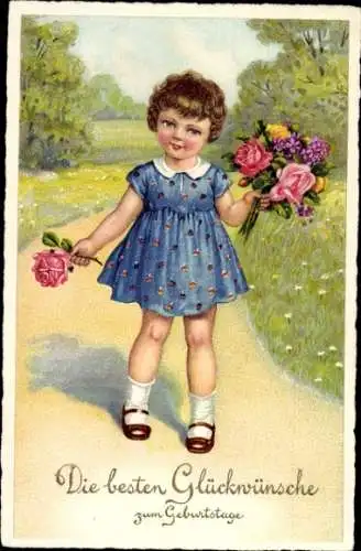 Ak Glückwunsch Geburtstag, Mädchen mit Blumen
