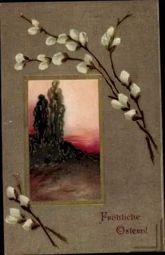Präge Passepartout Ak Glückwunsch Ostern, Weidenkätzchen