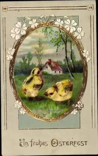 Präge Passepartout Ak Glückwunsch Ostern, Küken, Blumen