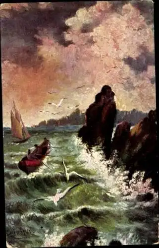 Künstler Ak Brandung, Segelboot, Ruderboot