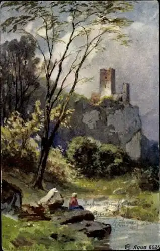 Künstler Ak Splitgerber, Mann am Fluss, Burg