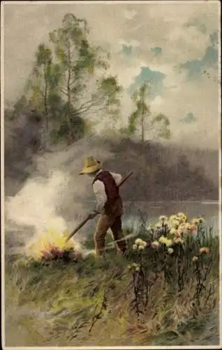 Künstler Ak Mann am Fluss, Lagerfeuer