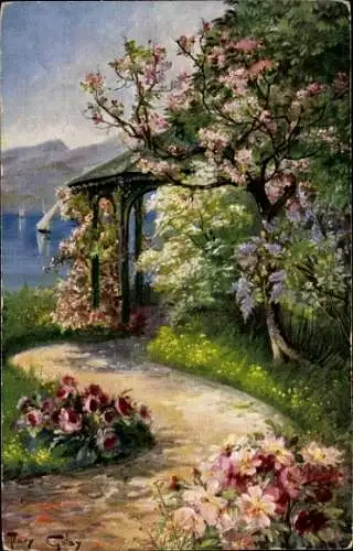 Künstler Ak Blumengarten, Blumen, Segelboote