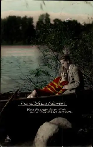 Ak Liebespaar im Ruderboot, Komm, lass uns träumen
