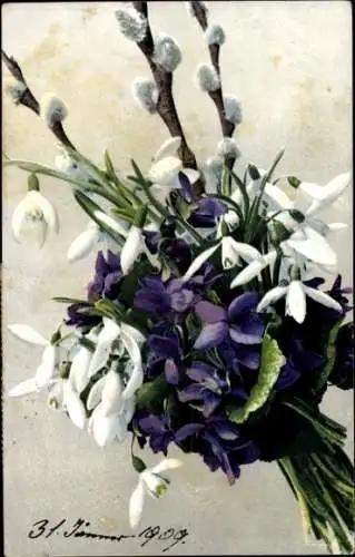 Ak Blumenstrauß, Flieder, Schneeglöckchen, Weidenkätzchen
