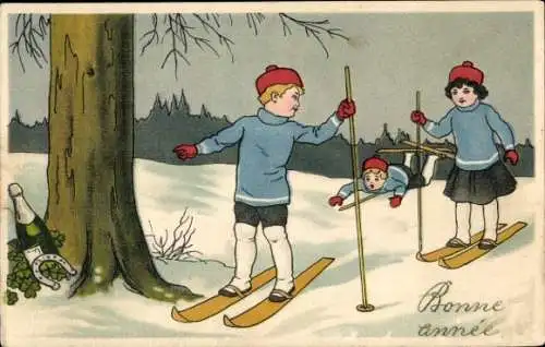 Ak Argentières Seine et Marne, Junge und Mädchen beim Skifahren im Schnee, ein Junge liegt im ...