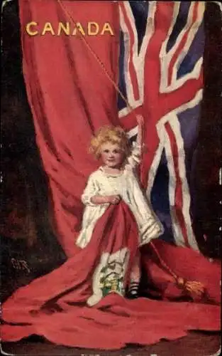 Künstler Ak Kanada, Kind mit Fahnen, Gemaltes Porträt