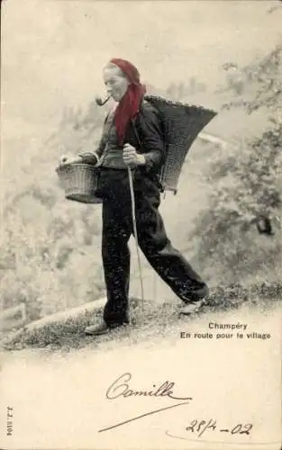 Ak Champéry Kanton Wallis, Mann mit zwei Körben auf dem Rücken und einem Stock in der Hand. Er...