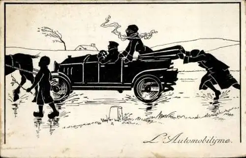 Ak Cambrai Nord, Zeichnung eines Autos mit zwei Personen. Ein Mann schiebt das Auto an, währen...