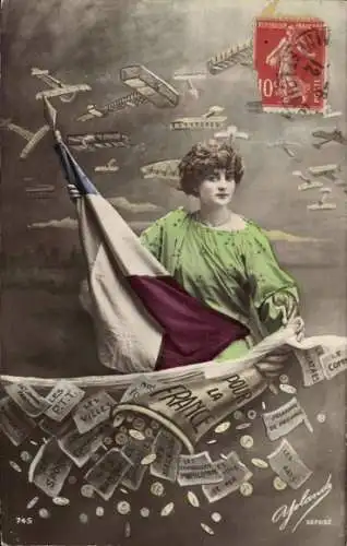 Ak Pour la France, Junge Frau mit Flagge und Füllhorn, Geldscheine, Münzen