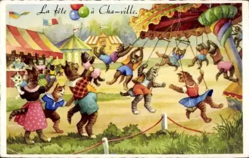 Künstler Ak Vermenschlichte Katzen auf einem Festplatz, Karussell