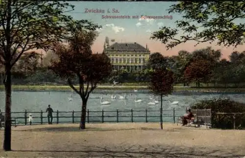 Ak Zwickau in Sachsen, Schwanenteich mit Schwanenschloss
