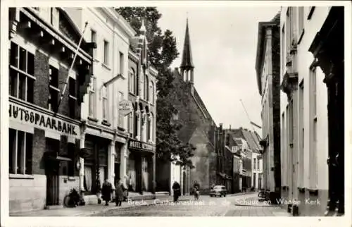 Ak Breda Nordbrabant Niederlande, Catharinastraat, Schuur en Waalse Kerk, Spaarbank