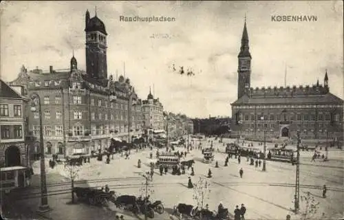 Ak København Kopenhagen Dänemark, Rathausplatz, Straßenbahn