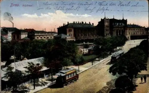 Ak Brno Brünn Südmähren, Bahnhof, Straßenbahn