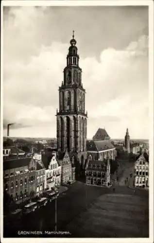 Ak Groningen Niederlande, Martinitoren, historische Architektur, Stadtansicht, Wolken, Schwarz...