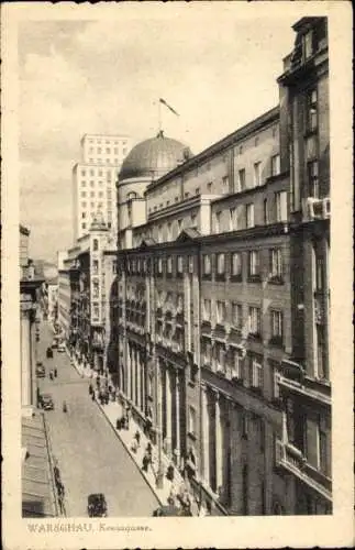Ak Warszawa Warschau Polen,  Keeusgasse, Stadtansicht, historische Gebäude, Fahrzeuge auf Straße